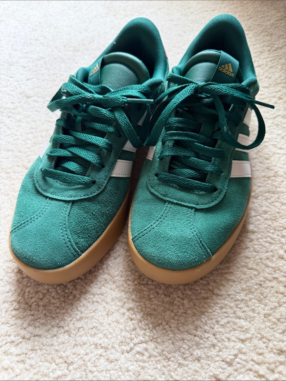 Adidas Green Suede Sneakers with White Stripes and Gum Sole